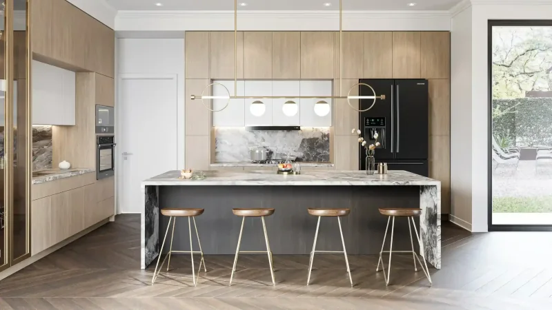 Luxury modern kitchen with marble waterfall island and oak cabinetry by Kitchen Krafter