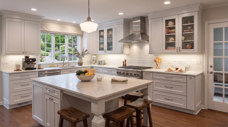 Warm traditional white kitchen with a marble island and glass-front cabinetry by Kitchen Krafter
