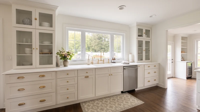 Classic cream kitchen with a glass-front hutch and brass hardware by Kitchen Krafter