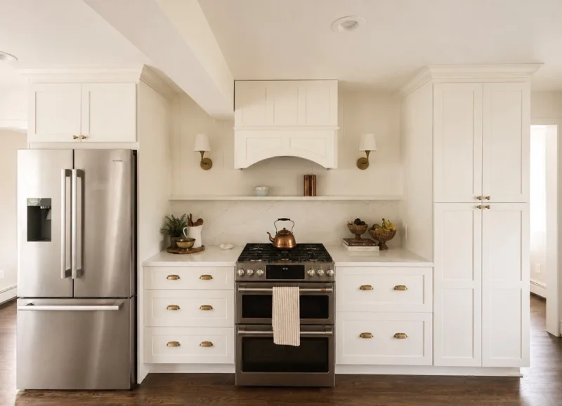 Cream range wall with arched custom hood, sconces and brass cup pulls