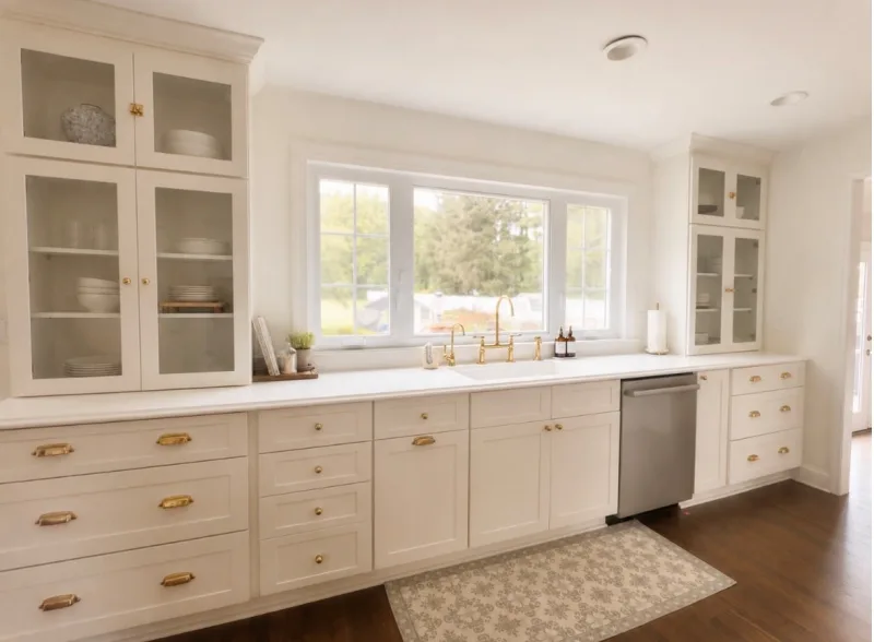 Cream kitchen with glass-front hutch cabinets and brass hardware
