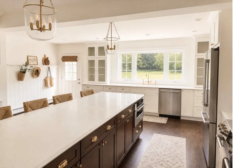 Cream kitchen with dark walnut island, seagrass stools and brass pendants